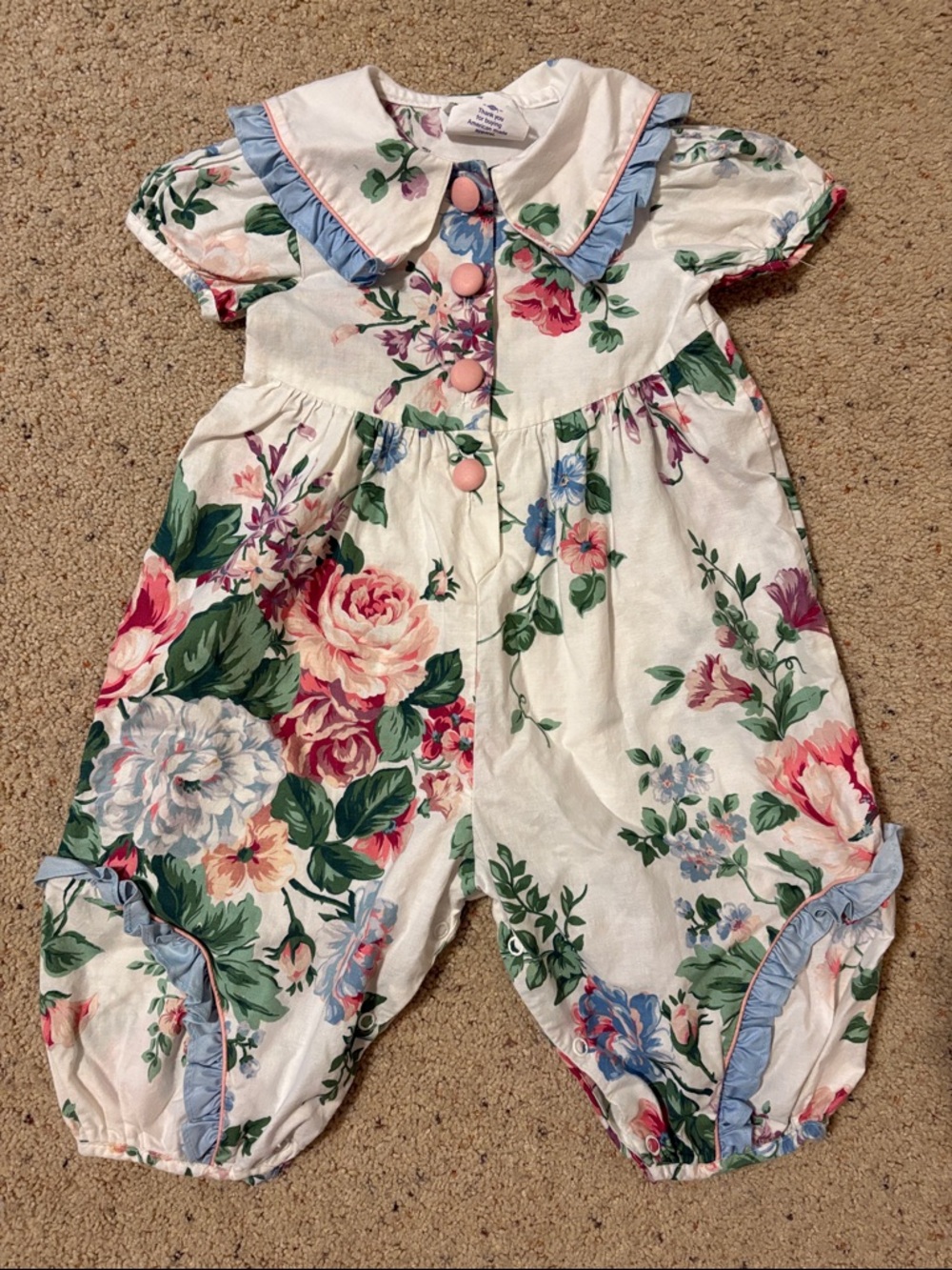 Floral Cotton Baby Romper with Pink Buttons - Vintage Style